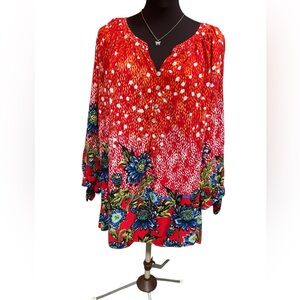 Fig & Flower Women’s Blouse Sz 3X Top Multicolor Floral Boho Popover 3/4 Sleeve